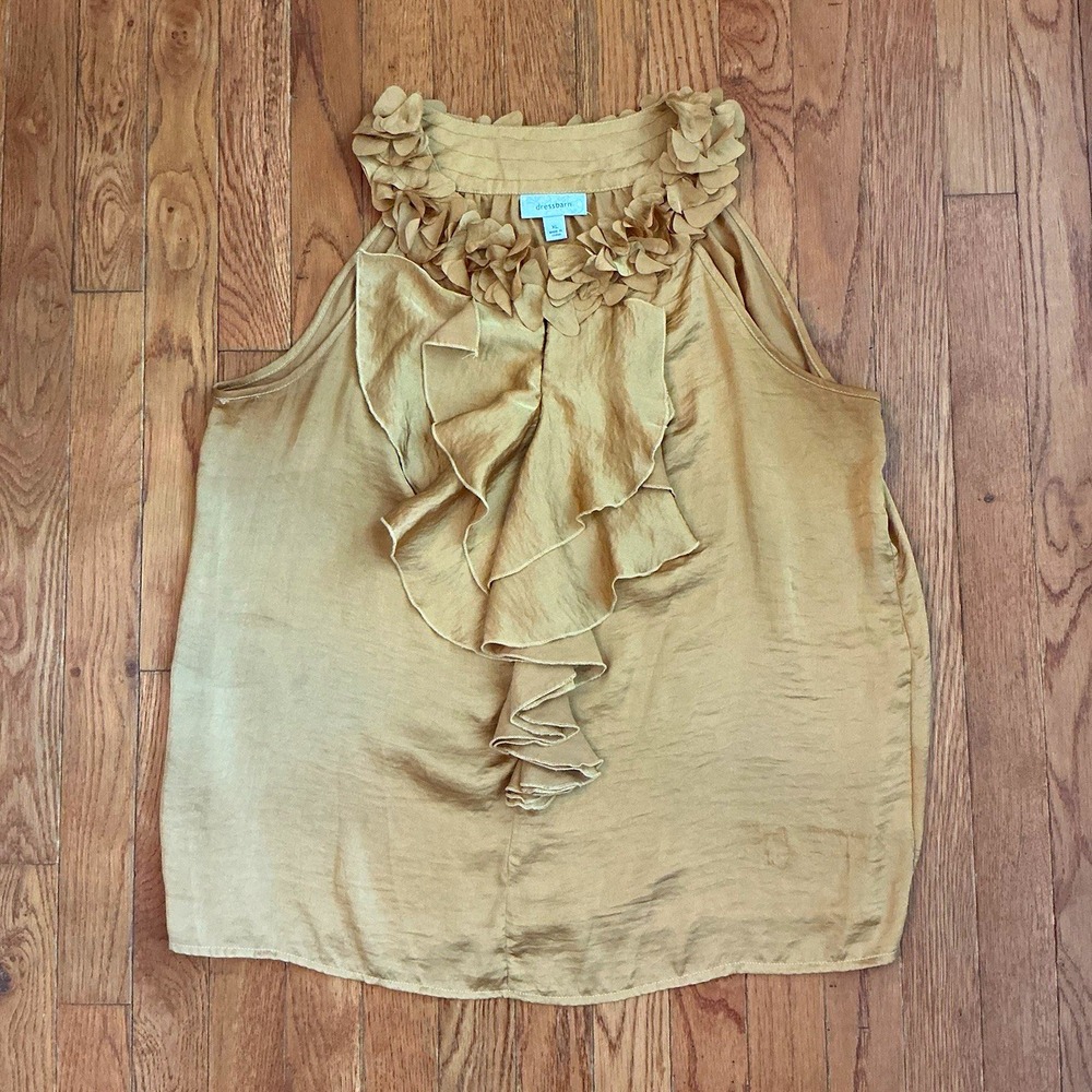 dressbarn Womens XL Gold Satin Halter Neck Sleeveless Blouse Ruffle Solid